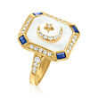Mother-of-Pearl, .42 ct. t.w. Diamond and .40 ct. t.w. Sapphire Moon and Star Ring in 14kt Yellow Gold