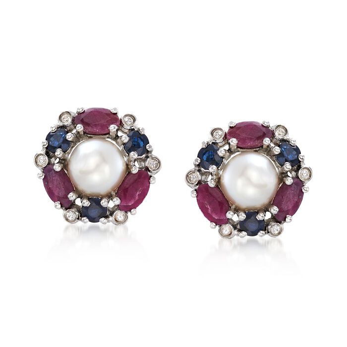 6.5-7mm Cultured Pearl and 3.20 ct. t.w. Multi-Stone Earrings in Sterling Silver