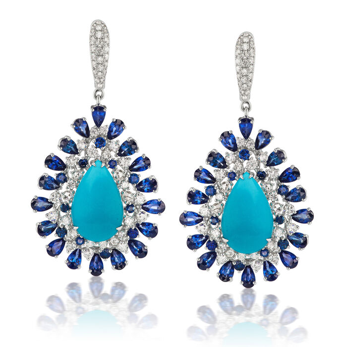 Turquoise, 10.10 ct. t.w. Sapphire and 2.59 ct. t.w. Diamond Drop Earrings in 18kt White Gold