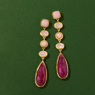 30.00 ct. t.w. Ruby and 2.80 ct. t.w. Multi-Gemstone Drop Earrings in 18kt Gold Over Sterling