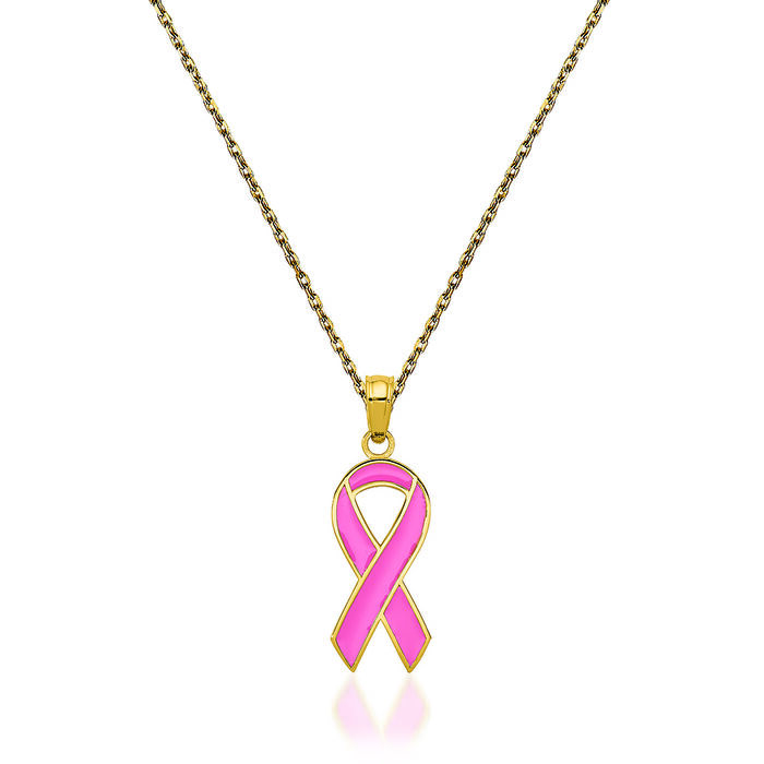 14kt Yellow Gold Breast Cancer Awareness Pendant Necklace with Pink Enamel. 18&quot;