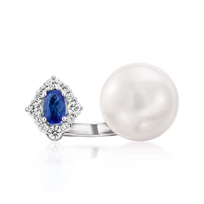 13mm Cultured South Sea Pearl and .60 Carat Sapphire Ring with .33 ct. t.w. Diamonds in 18kt White Gold