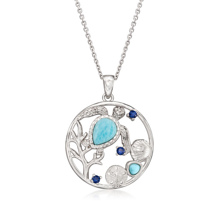 Sterling Silver Sea Life Pendant Necklace with Larimar and .10 ct. t.w. Simulated Sapphire