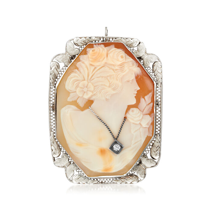 C. 1950 Vintage Orange Shell Cameo Pin/Pendant with Diamond Accent in 14kt White Gold
