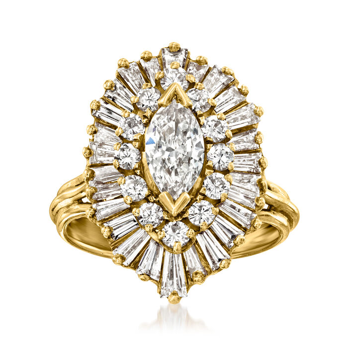 C. 1980 Vintage 2.10 ct. t.w. Baguette and Round Diamond Ring in 18kt Yellow Gold