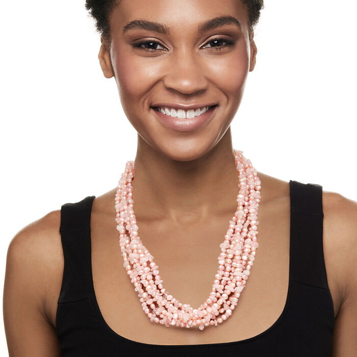 5-6mm Pink Cultured Baroque Pearl and 215.00 ct. t.w. Rose Quartz Torsade Necklace with Sterling Silver 18-inch