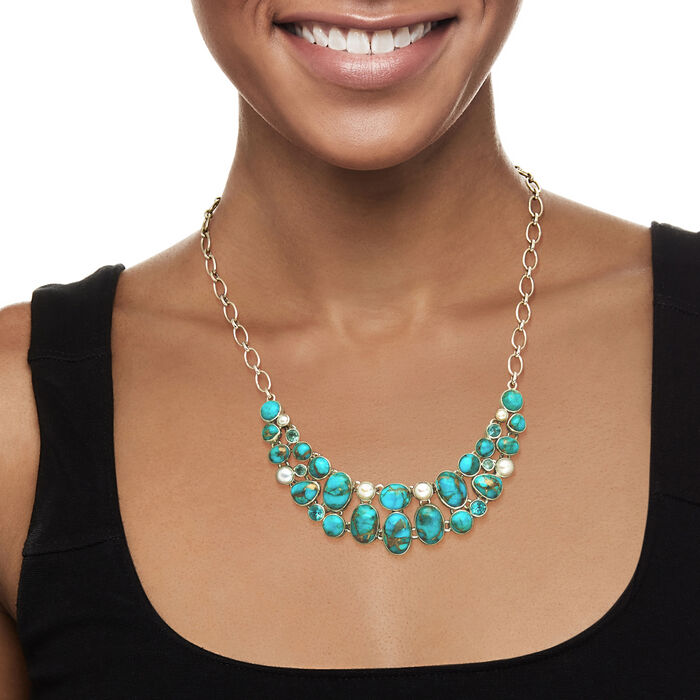 Turquoise and 4-7mm Cultured Pearl Bib Necklace with 6.50 ct. t.w. Swiss Blue Topaz in Sterling Silver 18-inch