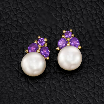 7.5-8mm Cultured Pearl and .70 ct. t.w. Amethyst Earrings in 18kt Gold Over Sterling