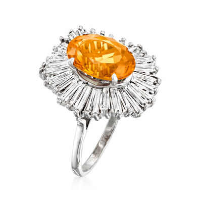 C. 1970 Vintage 4.00 Carat Citrine and 2.50 ct. t.w. Diamond Cocktail Ring in 14kt White Gold