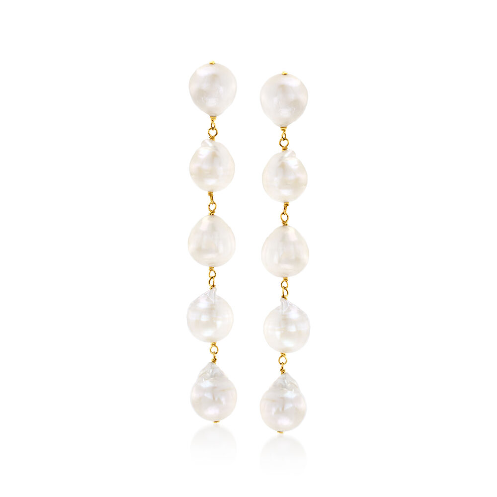 10-11mm Cultured Baroque Pearl Linear Drop Earrings in 14kt Yellow Gold ...