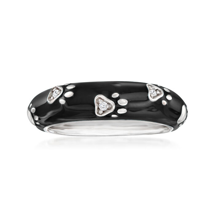 Belle Etoile &quot;Paw Prints&quot; Black Enamel Ring with CZ Accents in Sterling Silver