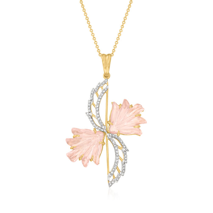 C. 2000 Vintage 8.59 ct. t.w. Rose Quartz Flower Pendant Necklace with .40 ct. t.w. Diamonds in 14kt Yellow Gold
