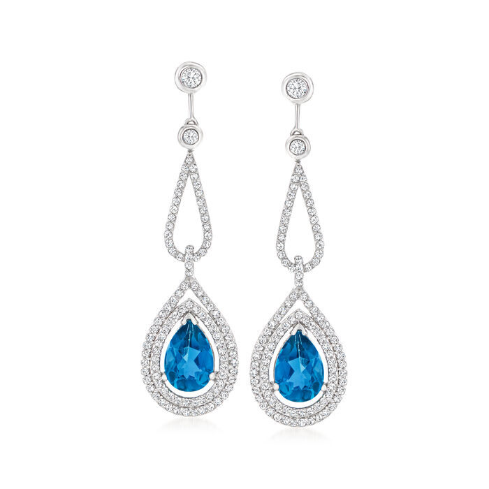 7.00 ct. t.w. London Blue Topaz and 1.40 ct. t.w. Diamond Drop Earrings in 14kt White Gold