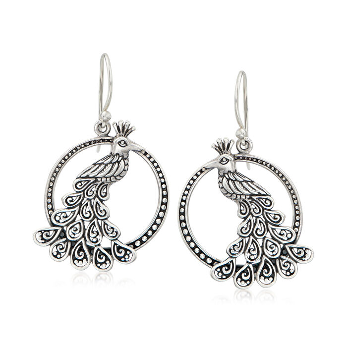 Sterling Silver Bali-Style Peacock Drop Earrings