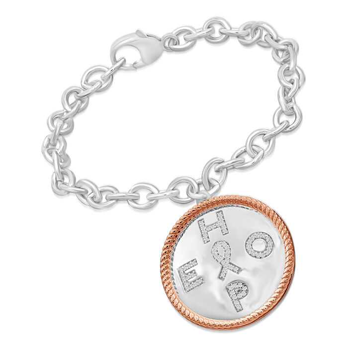 .20 ct. t.w. Diamond &quot;Hope&quot; Charm Bracelet with Cancer Ribbon in Two-Tone Sterling