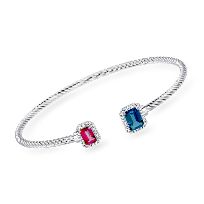 .90 Carat London Blue Topaz and .50 Carat Pink Topaz Cuff Bracelet with .20 ct. t.w. White Topaz in Sterling Silver