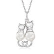 7-8.5mm Cultured Pearl Cat Pendant Necklace with Diamond Accents in Sterling Silver