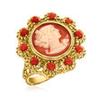Italian Orange Shell Cameo Ring with Red Coral in 18kt Gold Over Sterling
