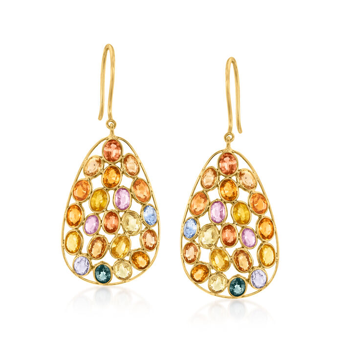 C. 1990 Vintage 9.60 ct. t.w. Multicolored Sapphire Drop Earrings in 18kt Yellow Gold
