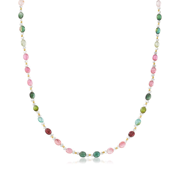 C. 1990 Vintage Cultured Baroque Pearl and 65.50 ct. t.w. Multicolored Tourmaline Bead Necklace with 18kt Yellow Gold