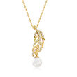 7-7.5mm Cultured Pearl and .14 ct. t.w. Diamond Feather Pendant Necklace in  18kt Gold Over Sterling