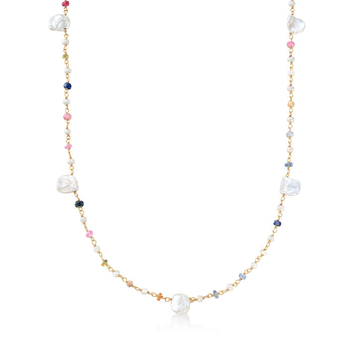 Cultured Semi-Baroque and Keshi Pearl Necklace with 5.00 ct. t.w. Multicolored Sapphires in 18kt Gold Over Sterling