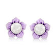 6.5-7mm Cultured Pearl and Purple Enamel Jewelry Set: Earrings and Flower Earring Jackets in Sterling Silver