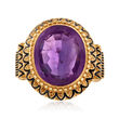 C. 1960 Vintage 10.00 Carat Amethyst Ring with Black Enamel in 10kt Yellow Gold
