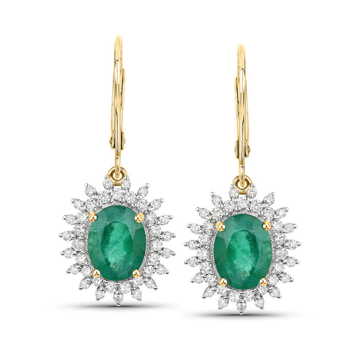 3.30 ct. t.w. Emerald and .83 ct. t.w. Diamond Drop Earrings in 14kt Yellow Gold