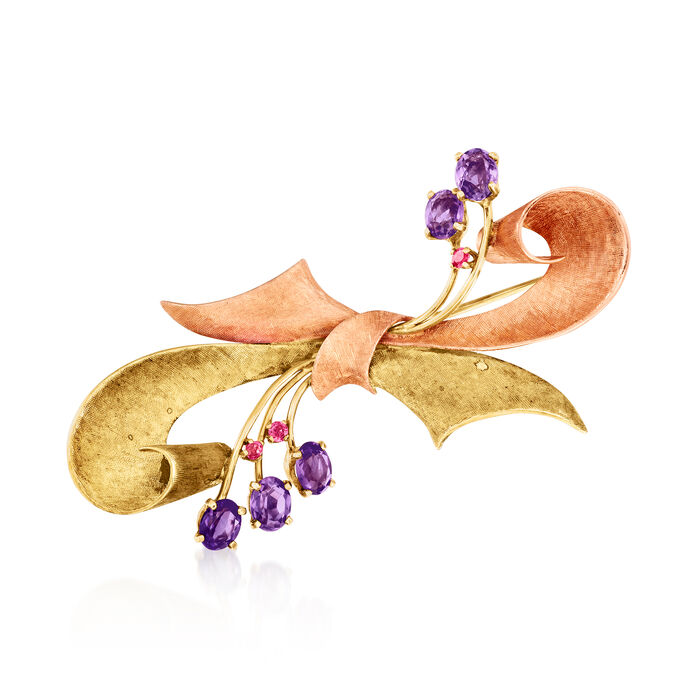 C. 1950 Vintage 3.25 ct. t.w. Amethyst and .25 ct. t.w. Ruby Bow Pin in 14kt Two-Tone Gold