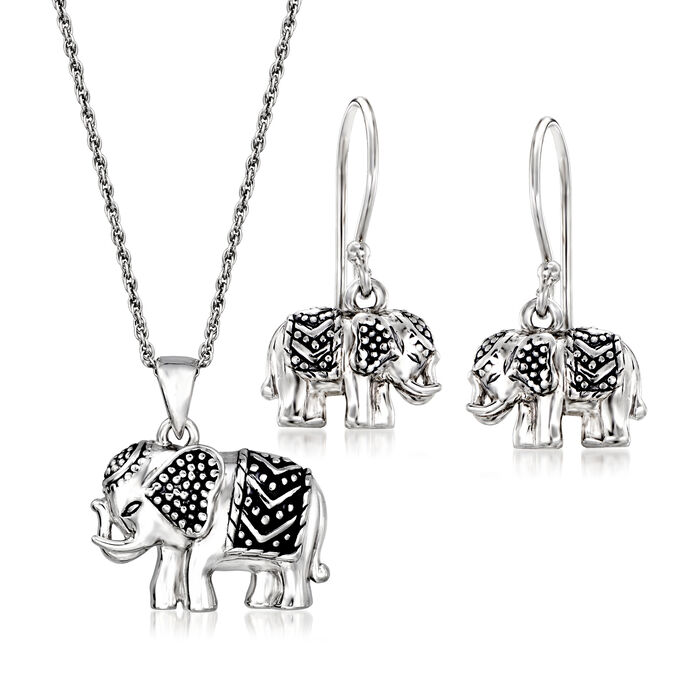 Sterling Silver Elephant Jewelry Set: Drop Earrings and Pendant Necklace