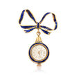 C. 1950 Vintage Blue Enamel Mechanical Watch Bow Pin in 18kt Yellow Gold