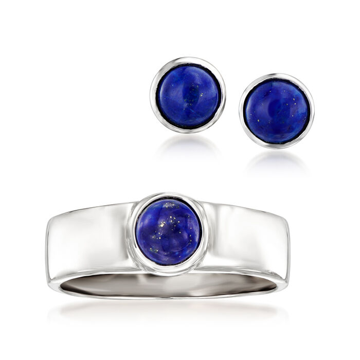 Lapis Jewelry Set: Stud Earrings and Ring in Sterling Silver