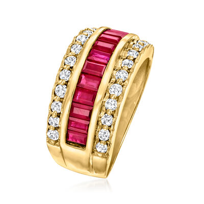 1.90 ct. t.w. Ruby and .55 ct. t.w. Diamond Three-Row Ring in 14kt Yellow Gold
