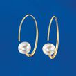 9-9.5mm Cultured Pearl Threader Hoop Earrings in 18kt Gold Over Sterling