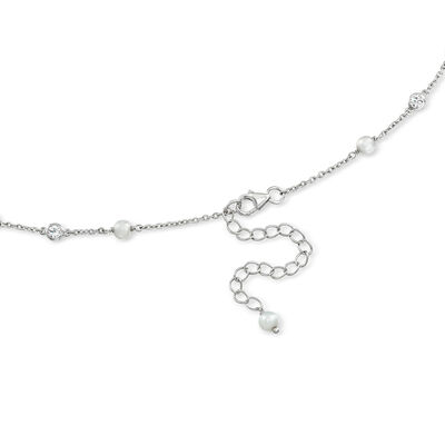 3.5-4mm Cultured Pearl and 1.80 ct. t.w. White Topaz Station Necklace in Sterling Silver