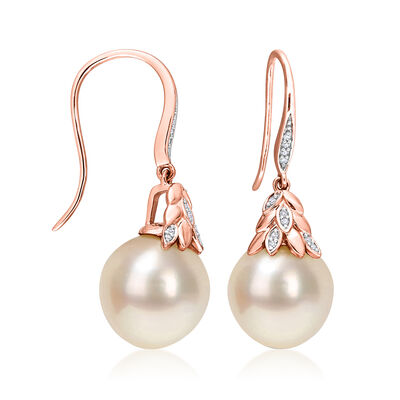 12-12.5mm Cultured South Sea Pearl Leaf Drop Earrings with Diamond Accents in 14kt Rose Gold