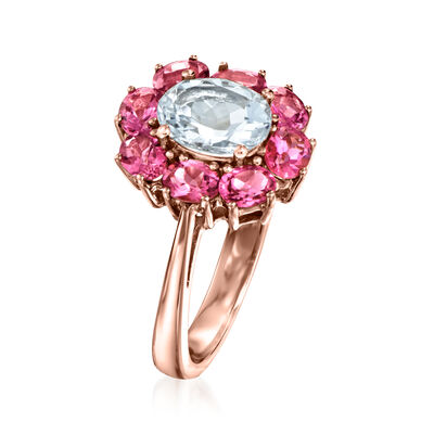 1.10 Carat Aquamarine Flower Ring with 1.60 ct. t.w. Pink Tourmalines in 14kt Rose Gold