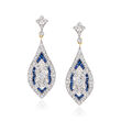 C. 1980 Vintage 1.26 ct. t.w. Diamond and 1.12 ct. t.w. Sapphire Filigree Drop Earrings in 14kt Two-Tone Gold