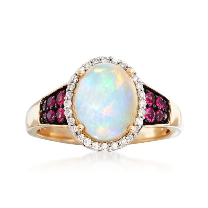 Ethiopian Opal and .22 ct. t.w. Ruby Ring with .14 ct. t.w. Diamonds in 14kt Yellow Gold