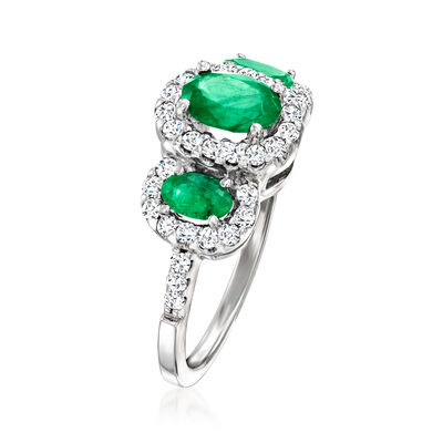 1.30 ct. t.w. Emerald and .52 ct. t.w. Diamond Three-Stone Ring in 14kt White Gold