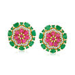 4.00 ct. t.w. Emerald and 2.90 ct. t.w. Ruby Flower Earrings with .50 ct. t.w. White Zircon in 18kt Gold Over Sterling