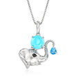 Turquoise and .40 Carat Swiss Blue Topaz Elephant Pendant Necklace in Sterling Silver