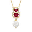 9.5-10mm Cultured Pearl and 2.60 ct. t.w. Ruby Heart Necklace with .20 ct. t.w. White Topaz in 18kt Gold Over Sterling