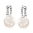 8mm Cultured Pearl Hoop Drop Earrings with Diamond Accents in 14kt White Gold