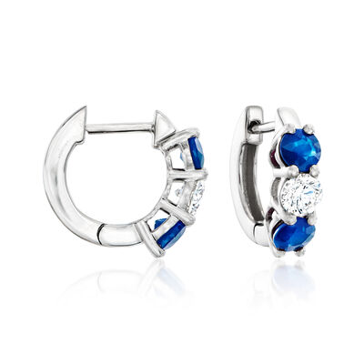 1.20 ct. t.w. Sapphire and .50 ct. t.w. Lab-Grown Diamond Hoop Earrings in 14kt White Gold