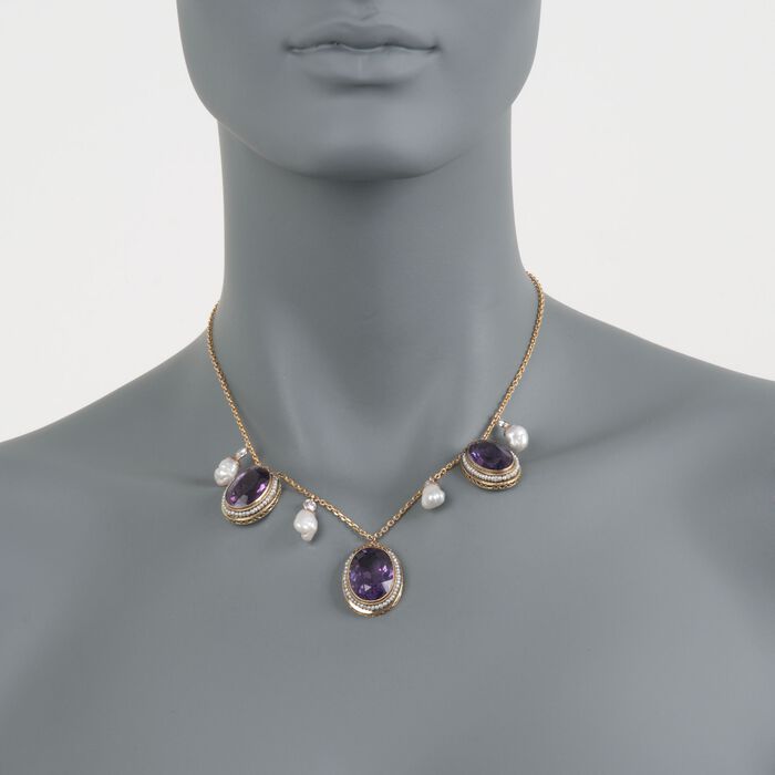 C. 1980 Vintage 36.50 ct. t.w. Amethyst and Cultured Pearl Necklace with Diamonds in 14kt Yellow Gold 16.25-inch