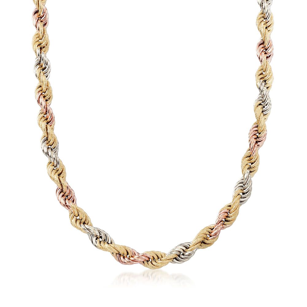 Italian 8mm 18kt Tri-Colored Gold Rope Chain Necklace. 18