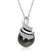 9.5-10mm Black Cultured Tahitian Pearl Pendant Necklace with .10 ct. t.w. Diamonds in 14kt White Gold