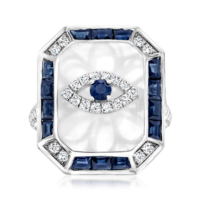 White Chalcedony and 1.50 ct. t.w. Sapphire Evil Eye Ring with .26 ct. t.w. Diamonds in 14kt White Gold